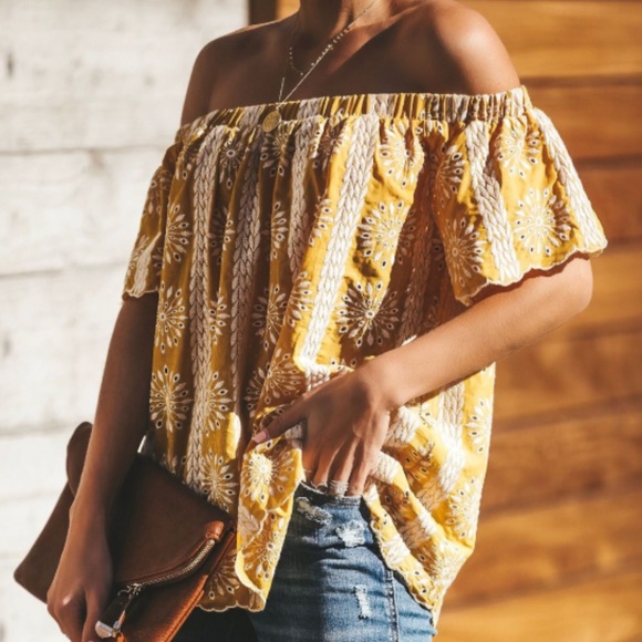 Yellow & White Embroidered Off the Shoulder Top - Picture 3 of 4